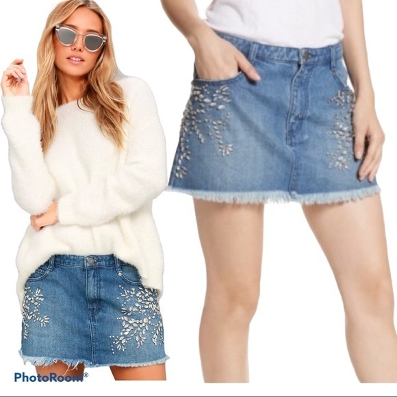 FREE PEOPLE Shine Bright Far Jeweled Jeans Denim Skirt 10 - Picture 7 of 15